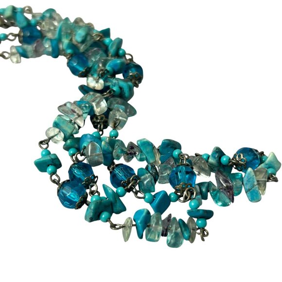 Faux Turquoise Blue Gemstone Chip Bead Necklace Double Strand Boho Layered - Picture 4 of 6